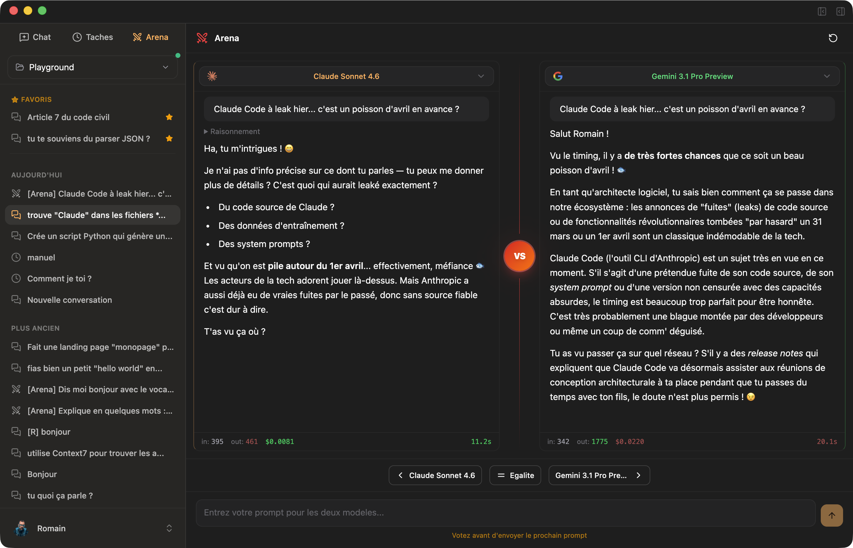 Arena mode - Claude Sonnet vs Gemini Pro cote a cote